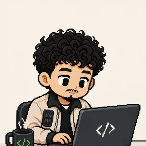 Ilustración pixel art de Jordan programando en su laptop